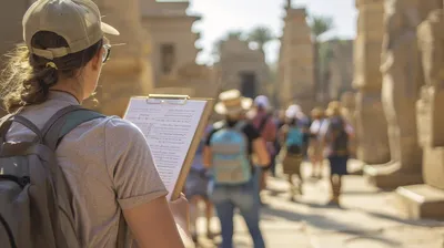 Eine Reiseleiterin steht in einer historischen Stätte und hält ein Notizblatt in der Hand. Im Hintergrund folgt eine Gruppe von Passagieren den Erklärungen, während sie die beeindruckenden Statuen und Monumente der Umgebung betrachten. Die Sonne scheint, und die Szene vermittelt ein Gefühl von Abenteuer und Entdeckung während der Flusskreuzfahrt.