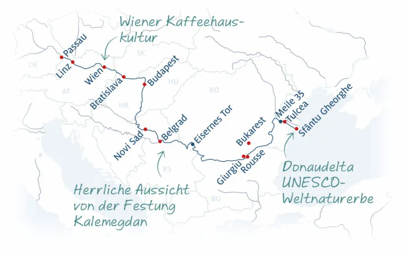 Karte des Donauverlaufs mit geplanten Zwischenstops