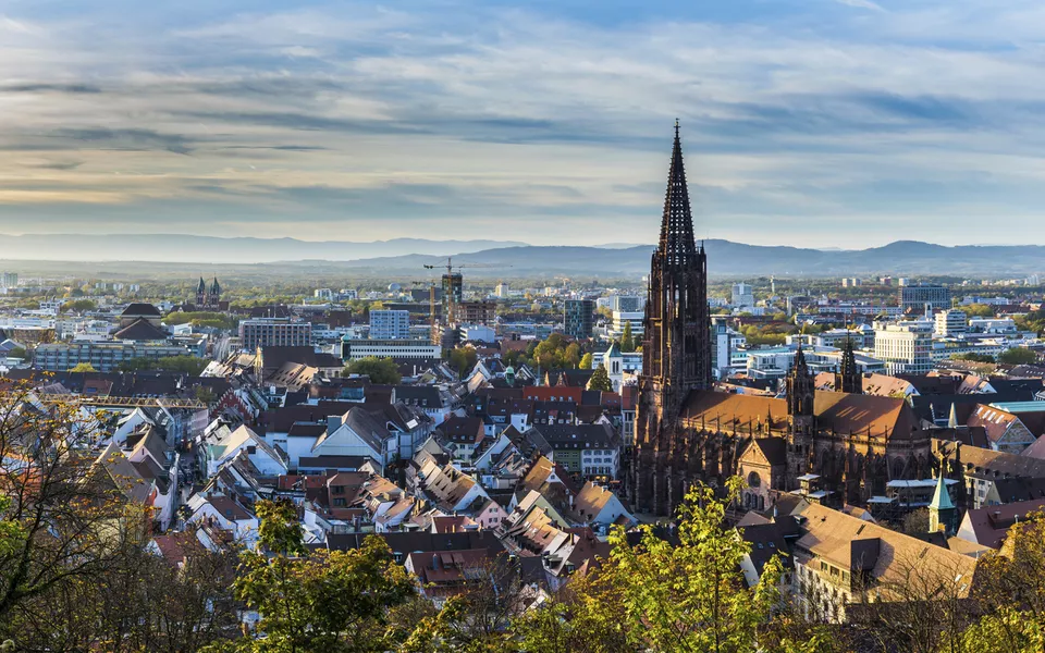 Germany, XXL panorama of city freiburg im breisgau skyline with 