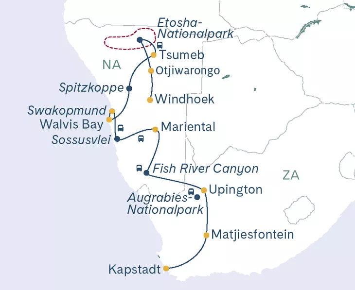 Routenplan African Explorer Kapstadt-Windhoek