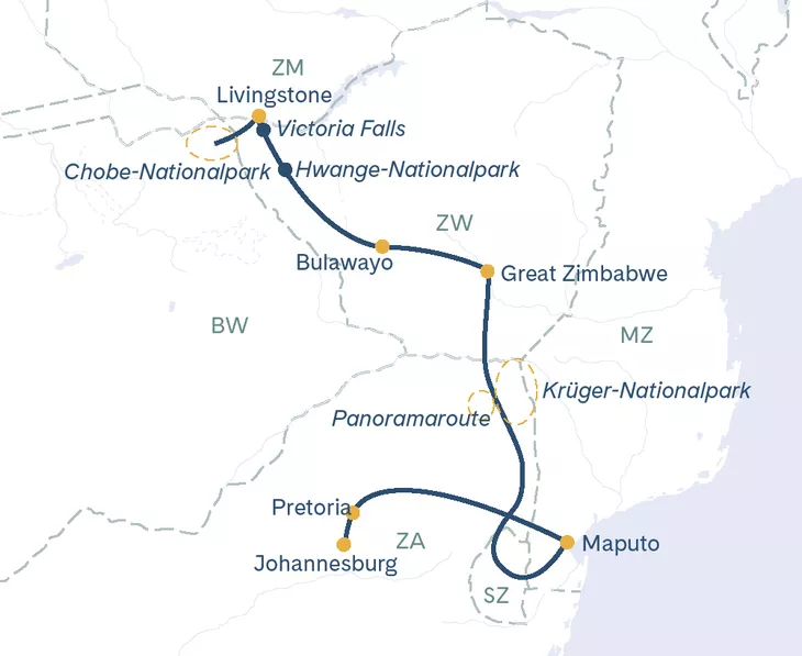 Routenplan African Explorer Pretoria-Victoria Falls