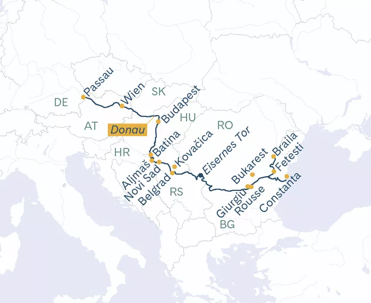 Routenplan MS Thurgau Prestige Passau–Constanta
