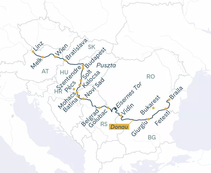 Routenplan MS Thurgau Prestige Linz–Donaudelta–Linz