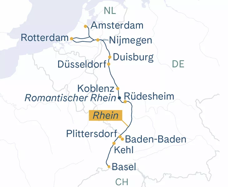 Routenplan MS Thurgau Prestige Basel–Nijmegen–Amsterdam–Basel