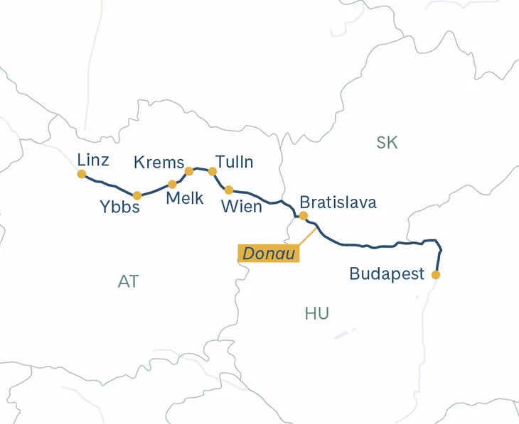 Routenplan MS Thurgau Prestige Linz–Budapest–Linz