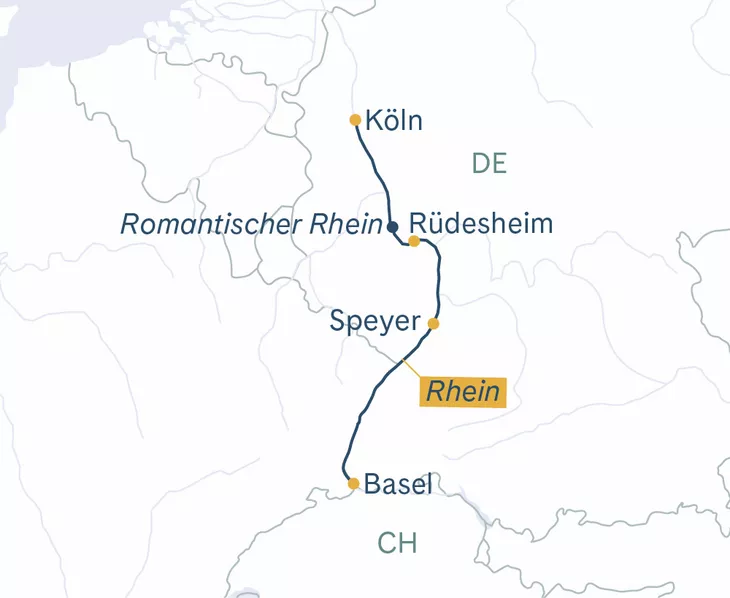 Routenplan MS Thurgau Prestige Basel–Köln–Rüdesheim–Basel