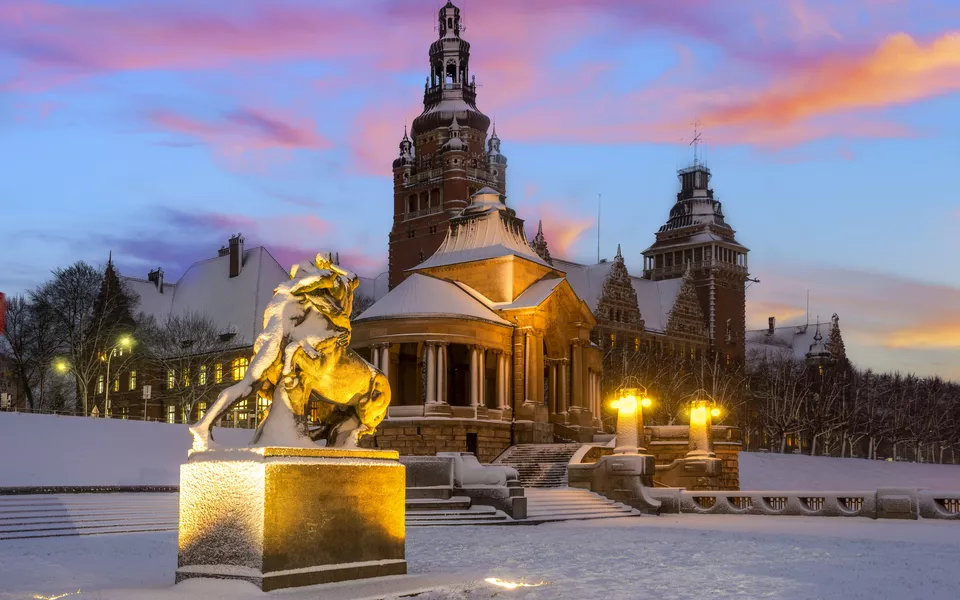 Hakenterrassen in Stettin in der Winterlandschaft
