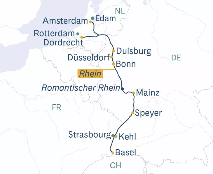 Routenplan MS Thurgau Avanti Basel–Amsterdam–Mainz–Basel