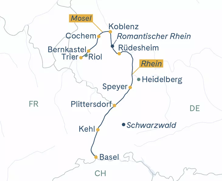 Routenplan MS Thurgau Avanti Basel–Trier–Koblenz–Basel
