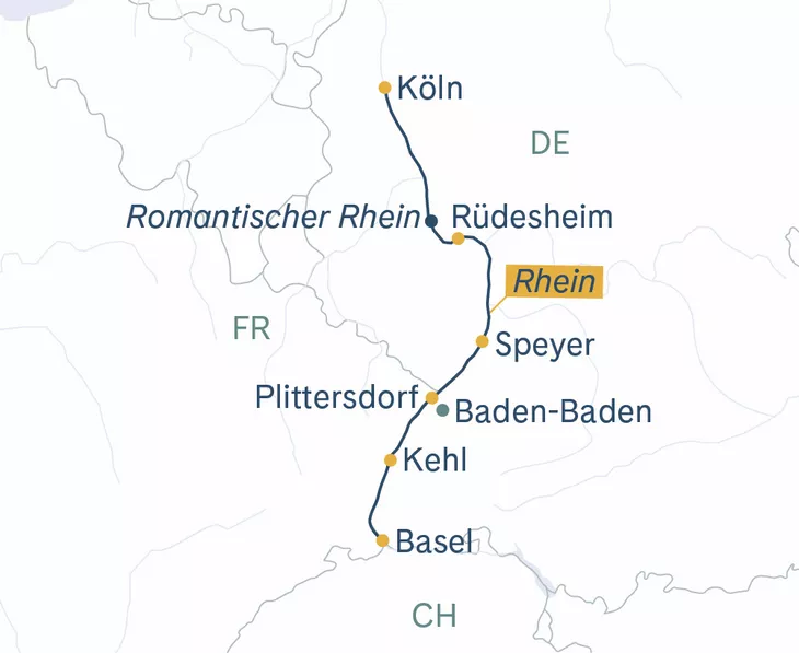Routenplan MS Thurgau Avanti Basel–Köln–Rüdesheim–Basel