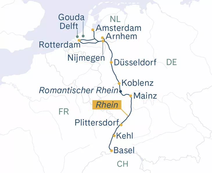 Routenplan Basel-Nijmegen-Amsterdam-Basel MS Thurgau Prestige