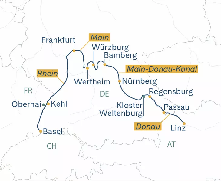 Routenplan Linz–Passau–Nürnberg–Basel MS Thurgau Prestige