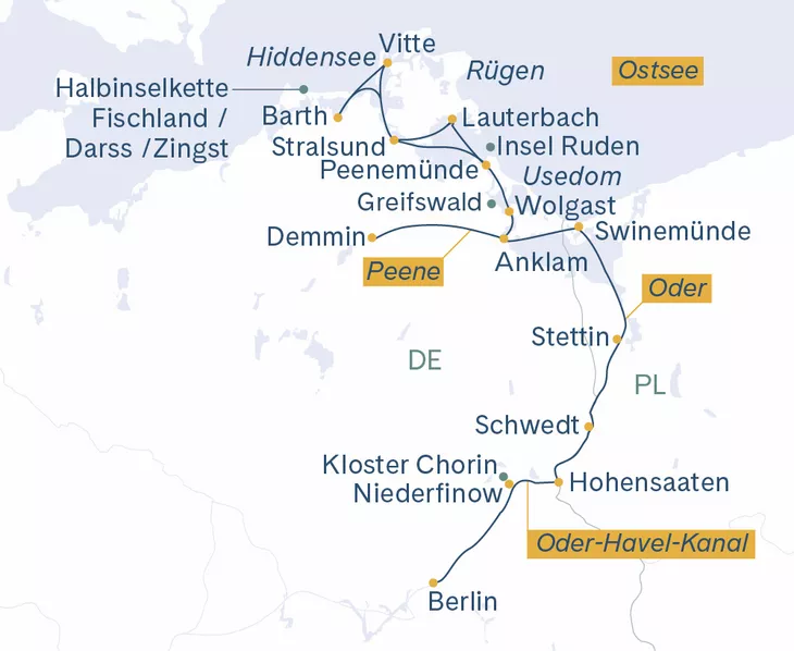 Routenplan Berlin-Stettin-Swinemünde-Peenemünde-Stralsund-Barth-Vitte-Lauterbach-Wolgast-Anklam-Demmin