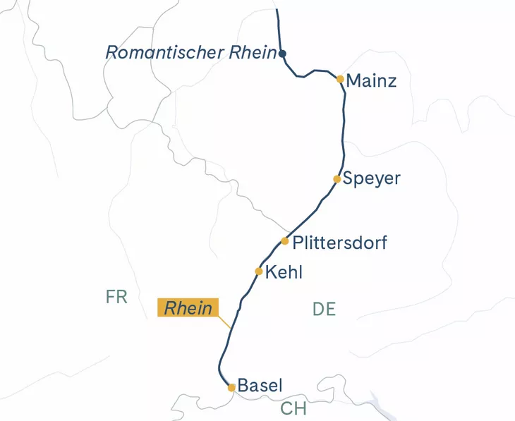 Routenplan MS Thurgau Avanti Basel–Speyer–Mainz–Basel
