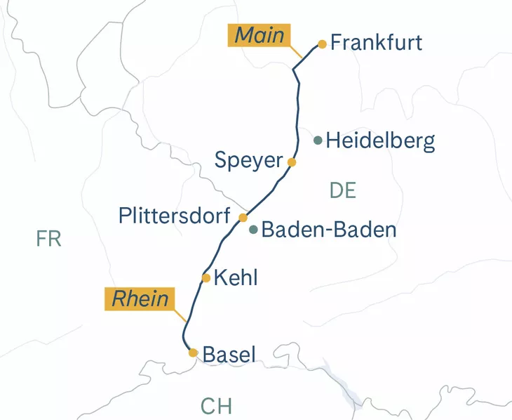 Routenplan Basel-Speyer-Frankfurt-Basel MS Thurgau Prestige