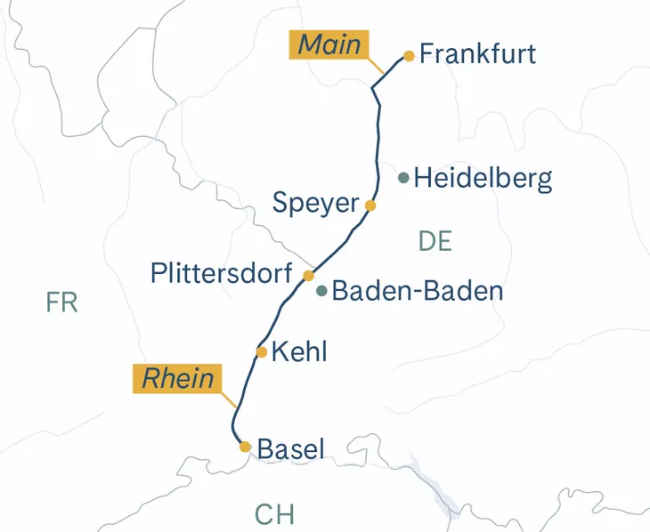 Routenplan Basel-Speyer-Frankfurt-Basel MS Thurgau Prestige