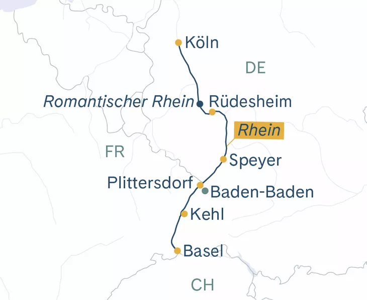 Routenplan Basel–Köln–Rüdesheim–Basel MS Thurgau Prestige
