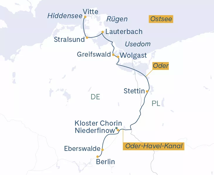 Routenplan Berlin-Stettin-Wolgast-Lauterbach-Vitte-Stralsund
