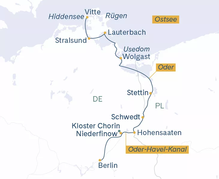Routenplan Stralsund-Vitte-Lauterbach-Wolgast-Stettin-Berlin