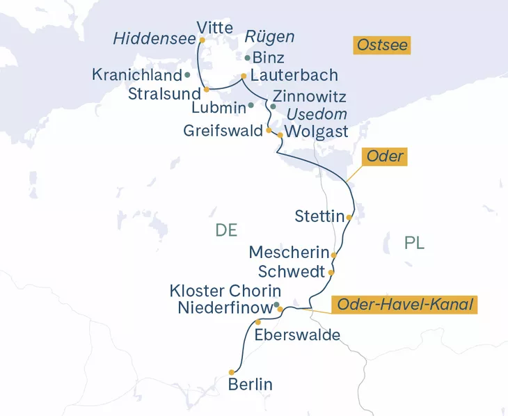 Routenplan Velo Berlin-Stettin-Wolgast-Lauterbach-Vitte-Stralsund