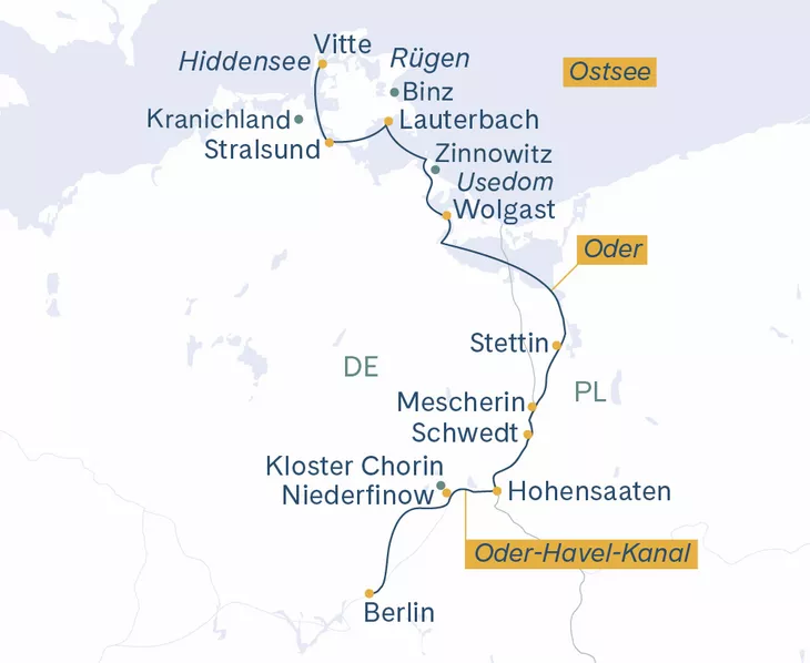 Routenplan Velo Straslund-Vitte-Lauterbach-Wolgast-Stettin-Berlin