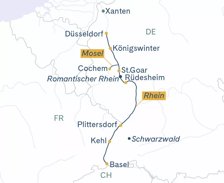 Routenplan MS Thurgau Avanti Basel–Cochem–Düsseldorf–Basel