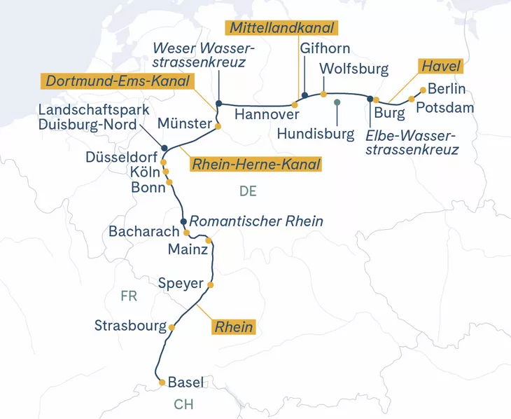 Routenplan Berlin-Magdeburg-Münster-Düssledorf-Köln-Speyer-Strasbourg-Basel