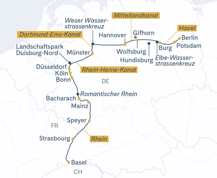 Routenplan Garten Berlin-Potsdam-Magdeburg-Hannover-Münster-Düsseldorf-Köln-Speyer-Strasbourg-Basel