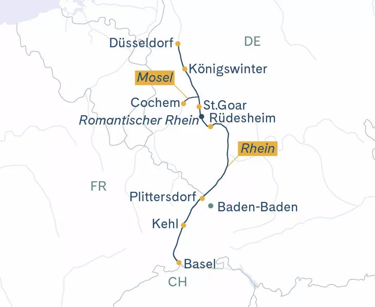 Routenplan MS Thurgau Avanti Basel–Cochem–Düsseldorf–Basel