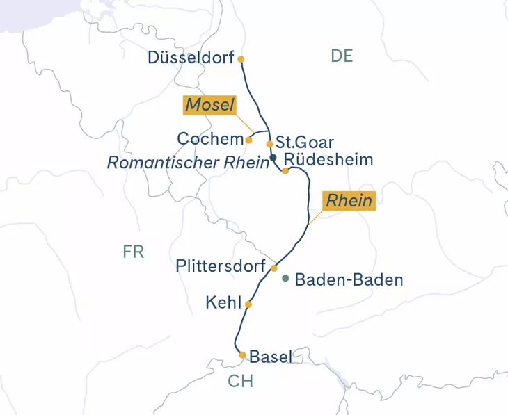 Routenplan MS Thurgau Avanti Basel–Düsseldorf–Cochem–Basel