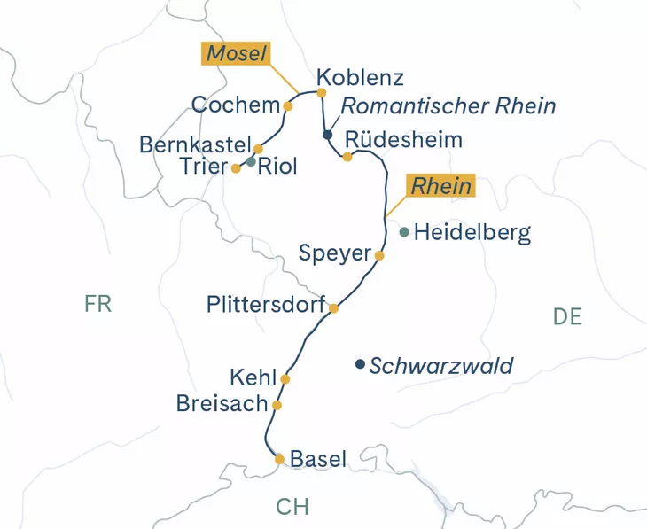 Routenplan MS Thurgau Avanti (Basel–)Trier–Koblenz–Basel