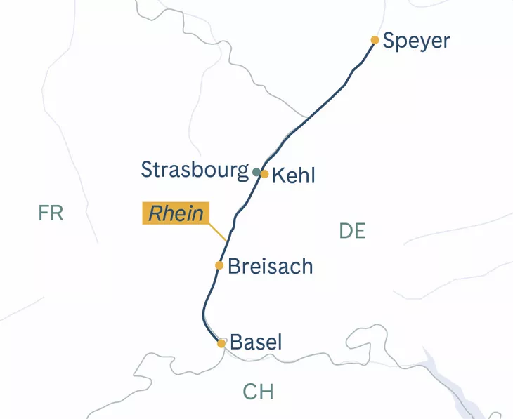 Routenplan MS Thurgau Avanti Basel(–Strasbourg)–Speyer(–Basel)