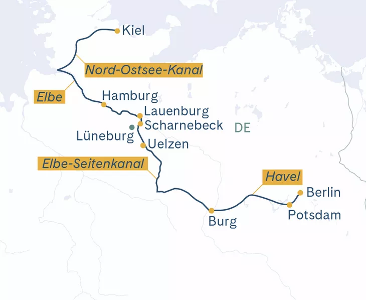Routenplan Berlin-Potsdam-Burg-Lauenburg-Hamburg-Kiel