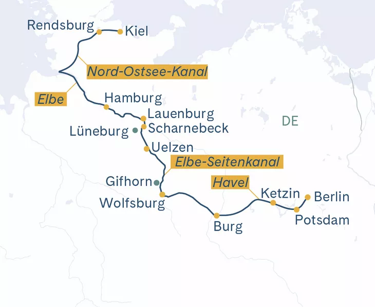 Routenplan Kiel-Hamburg-Lauenburg-Wolfsburg-Potsdam-Berlin