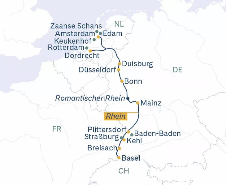Routenplan Breisach-Amsterdam-Basel