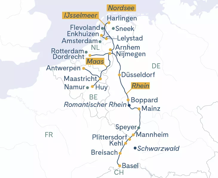 Routenplan MS Thurgau Avanti Basel–Flandern–Holland–Friesland(–Basel)