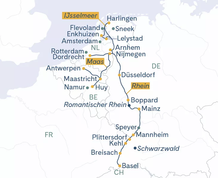 Routenplan MS Thurgau Avanti Basel–Flandern–Holland–Friesland(–Basel)